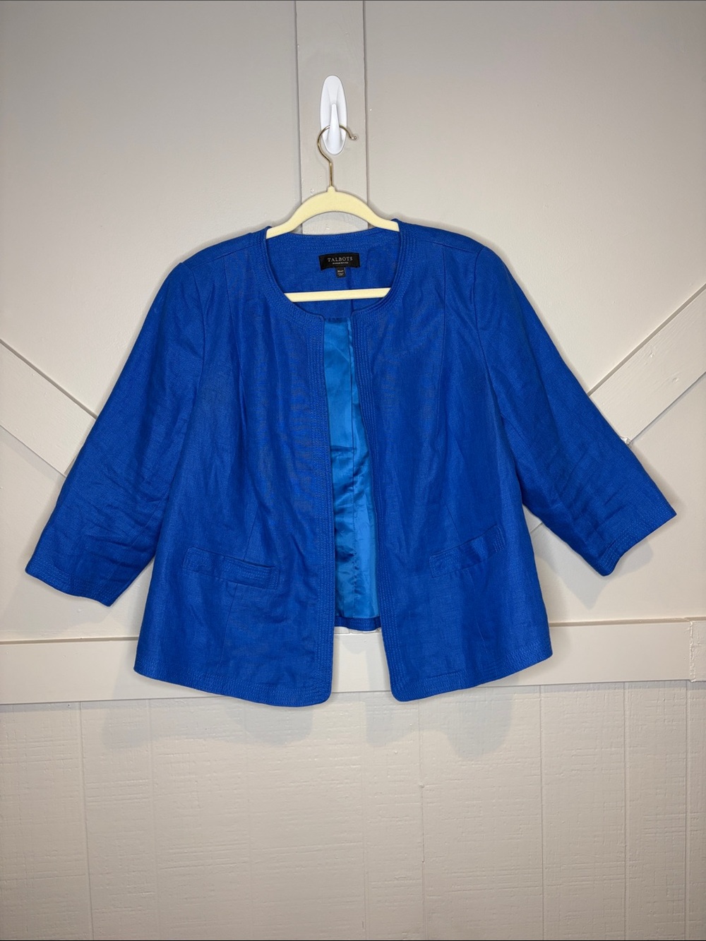 Talbots Blue Linen Blazer Jacket 16WP Petite Open Front Lined Career Coastal